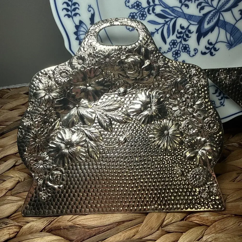 Vtg TK Japan Silver Tone Butler Crumb Catcher Tray Set Floral Mid Century Modern